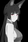  1girl absurdres animal_ear_fluff animal_ears bare_shoulders black_background black_hair breasts closed_mouth fox_ears fox_girl from_side highres hoshimi_miyabi long_hair looking_at_viewer red_eyes shirt simple_background solo spot_color upper_body yuseii zenless_zone_zero 