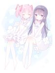  2girls akemi_homura bare_shoulders barefoot black_hair black_hairband blue_background blush choker closed_mouth commentary_request dress full_body grin hair_between_eyes hair_ribbon hairband highres kaname_madoka long_hair luminous_(madoka_magica) mahou_shoujo_madoka_magica mahou_shoujo_madoka_magica_(anime) mahou_shoujo_madoka_magica_movie_1_&amp;_2 multiple_girls purple_eyes red_ribbon ribbon short_hair short_twintails sidelocks sitting sleeveless sleeveless_dress smile split_mouth sundress twintails white_choker white_dress yuki_(33098065) 