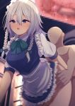  1boy 1girl apron blue_eyes blush bow braid breasts darumoon dress frilled_dress frills green_bow highres indoors izayoi_sakuya large_breasts looking_at_viewer maid maid_apron maid_headdress motion_blur open_mouth sex short_hair silver_hair thighs touhou twin_braids waist_apron 