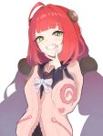  1girl braid cardigan chest_bow commentary_request green_eyes hair_ornament highres long_hair looking_at_viewer pink_cardigan red_hair ryotefu_illust simple_background smile solo sphere_hair_ornament twintails ukinami_yuzuha upper_body v v_over_mouth very_long_hair white_background zenless_zone_zero 