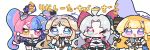  4girls :t ahoge black_collar black_gloves blonde_hair blue_eyes blue_hair bow carlotta_(wuthering_waves) cartethyia_(wuthering_waves) chewing chibi chibi_only closed_mouth coat collar commentary_request dress earrings eating food gloves hair_bow hair_ornament hand_up hat heterochromia highres holding holding_food holding_pizza jacket jewelry long_hair looking_at_viewer multicolored_hair multiple_girls one_eye_closed open_mouth parted_bangs phoebe_(wuthering_waves) pink_bow pink_coat pink_eyes pink_hair pink_jacket pizza pointy_ears purple_eyes red_eyes roccia_(wuthering_waves) short_dress simple_background smile striped_bow symbol-shaped_pupils syurikenmaru tacet_mark_(wuthering_waves) translation_request twintails two-tone_hair very_long_hair white_background white_dress white_hair white_hat wuthering_waves x-shaped_pupils x_hair_ornament yellow_eyes 