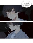  1boy alternate_costume anger_vein black_hair blunt_ends casual collared_shirt colored_inner_hair commentary contemporary english_text genshin_impact grey_eyes grey_hair grey_jacket highres indoors jacket looking_to_the_side male_focus movie_theater multicolored_hair notice_lines open_clothes open_jacket parted_lips scaramouche_(genshin_impact) shirt solo speech_bubble theater_seating tsurime undershirt white_mouth ysnden 