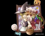  2girls apron black_dress candy commentary_request crystal_wings dress flandre_scarlet food halloween hat kirisame_marisa mob_cap multiple_girls okemai red_eyes red_skirt red_vest skirt touhou trick_or_treat vampire vest wings witch_hat yellow_eyes yuri 