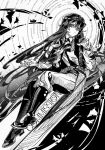  1girl ascot belt belt_buckle boots brooch buckle bug butterfly closed_mouth commission fingernails full_body greyscale hair_between_eyes highres jacket jewelry long_hair long_sleeves looking_down mihuashi_commission monochrome original pants serious shirt sidelocks solo tang_chen very_long_hair watermark 
