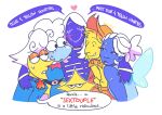  1girl 5boys almguav annoyed blonde_hair blue_(deltarune) blue_skin butterfly_wings colored_skin commentary couple cowboy cowboy_hat deltarune elnina_(deltarune) embarrassed english_commentary english_text happy hat heart highres hug insect_wings lanino_(deltarune) multiple_boys polyamory rouxls_kaard simple_background speech_bubble star_(symbol) sweat the_original_starwalker unamused utdr_(toby_fox) white_background white_hair wings yellow_(deltarune) yellow_skin 