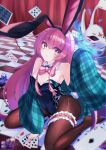  1girl alternate_costume animal_ear_hairband animal_ears black_hairband blue_fire bow bowtie breasts brown_pantyhose card checkered_floor chromatic_aberration cleavage commentary_request detached_collar fake_animal_ears fire fox_mask frilled_thigh_strap green_leotard hairband hata_no_kokoro highres leotard long_hair long_sleeves looking_at_viewer mask on_floor open_clothes open_shirt pantyhose pink_bow pink_bowtie pink_eyes pink_hair plaid_clothes plaid_shirt playboy_bunny playing_card poker_chip poker_face1225 rabbit_ear_hairband rabbit_ears rabbit_tail shirt sitting sleeves_past_fingers sleeves_past_wrists small_breasts solo tail thigh_strap touhou very_long_hair 