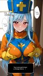  1girl alternate_language blonde_hair blue_hair blue_hat blue_tabard blurry blurry_background blush bodysuit breasts closed_mouth commentary_request dragon_quest dragon_quest_iii elf_(stroll_in_the_woods) english_text hat highres large_breasts looking_at_viewer orange_bodysuit priest_(dq3) red_eyes red_pupils solo speech_bubble tabard window 
