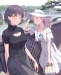  2girls bag black_hair black_sweater blue_eyes blush breasts ceras_yanagida_lilienfeld ceras_yanagida_lilienfeld_(summer_casual) cleavage_cutout closed_mouth clothing_cutout collarbone commentary_request day dress dress_ribbon edel_note grey_skirt hair_ornament hair_ribbon handbag hat holding jacket jewelry kanazawa_(city) katsuragi_izumi katsuragi_izumi_(summer_casual) long_hair love_live! love_live!_hasu_no_sora_jogakuin_school_idol_club making-of_available medium_breasts multiple_girls necklace official_alternate_costume open_clothes open_jacket orange_eyes outdoors parted_lips pink_ribbon real_world_location ribbon shamakho short-sleeved_jacket short-sleeved_sweater short_sleeves skirt smile sun_hat sweater triangle_hair_ornament virtual_youtuber white_dress white_hat white_jacket 