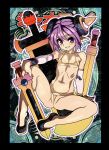  1girl ababaoi absurdres bikini black_border black_shoes blush border card_(medium) clenched_teeth commentary_request detached_sleeves earrings hair_ornament highres huge_weapon jewelry micro_bikini nail_polish navel pointy_ears purple_eyes purple_hair red_nails shaofei_(shinrabanshou) shinrabanshou shoes short_hair smile solo swimsuit sword teeth thick_eyebrows weapon yellow_bikini 