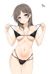  1girl artist_logo ass_visible_through_thighs bikini black_bikini breasts brown_eyes brown_hair china_moeka commentary_request cowboy_shot hair_ornament hairclip high_school_fleet highres logo looking_at_viewer medium_breasts medium_hair morisoba0710 multi-strapped_bikini_bottom one-hour_drawing_challenge simple_background smile solo standing strap_pull swimsuit white_background 