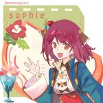  1girl :d artist_name atelier_(series) atelier_sophie character_name commentary_request highres looking_at_viewer medium_hair momoseayuri open_mouth orange_eyes red_hair smile solo sophie_neuenmuller twitter_username waving white_background 