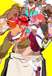  !? absurdres angry bai_zhong_(false_memory) barefoot black_halo chinese_commentary commentary_request crosshair crosshair_halo crux_star facial_hair fakura false_memory fighting halo highres hui_huo_(false_memory) kneehighs mustache open_clothes pink_hair pleated_skirt red_hair red_shirt red_skirt shirt simple_background skirt socks thick_mustache topless_male white_hair white_halo yellow_background 