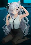  1girl absurdres arm_up armpits black_pantyhose black_ribbon black_skirt braid braided_bangs breasts center-flap_bangs commentary_request cone_hair_bun double_bun earrings grey_hair hair_bun hair_ornament hair_ribbon hairclip halter_shirt halterneck highres hololive hololive_indonesia jewelry long_hair looking_at_viewer medium_breasts miniskirt official_alternate_costume pantyhose paw_pose ribbon seiza shirt single_earring sitting skirt sleeveless sleeveless_shirt solo surgate_matias sweat vestia_zeta vestia_zeta_(businesswoman) virtual_youtuber white_shirt 