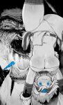  1girl 1other absurdres angry blue_eyes breasts capcom commentary_request crop_top defeat highres kirin_(armor) large_breasts looking_at_viewer monster monster_hunter_(character) monster_hunter_(series) navel nervous nervous_smile nervous_sweating niwarhythm open_mouth panties rajang scared shaded_face shadow sharp_teeth simple_background smile sweat sweatdrop tearing_up tears teeth thighhighs thighs underwear white_hair white_panties 