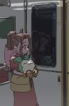  1girl bag brown_gloves brown_hair cowboy_fringe cowboy_hat digimon digimon_(creature) digimon_adventure dress gloves hat high_ponytail holding_digimon long_hair long_sidelocks looking_at_reflection messenger_bag nose_bubble ponytail red_dress reflection reflective_surface shoulder_bag sidelocks sleeping sprout_on_head tachikawa_mimi tanemon train_interior unworn_hat unworn_headwear window yoko.u 