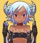  bandeau bare_shoulders black_gloves blue_hair character_request collar collarbone dark_skin elbow_gloves eraser eyebrows flat_chest gloves horns leather leather_gloves licking_lips matsuda_yuusuke pointy_ears red_eyes ribs shiny shiny_skin short_hair solo strapless tan tongue tongue_out upper_body yellow_background yuusha_to_maou 