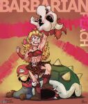  1girl abs barbarian bare_shoulders blonde_hair bone boots bowsette facial_hair fur-trimmed_crop_top fur_trim gloves hat holding horns ian_samson long_hair mario mario_(series) muscular muscular_female mustache overalls princess_peach red_hat scar shirt skull spiked_shell spikes turtle_shell white_gloves 