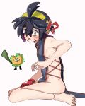  !? 1boy @_@ barefoot black_hair blush bottomless chinese_clothes commentary_request cross-laced_clothes cross-laced_dress cross-laced_slit crossdressing crossdressing_(mtf) crossed_bangs dress full_body gloves hairband highres kieran_(pokemon) male_focus mole mole_on_neck multicolored_hair ogerpon open_mouth oyecomova08 pokemon pokemon_(creature) pokemon_scarlet_and_violet purple_hair qipao red_gloves short_hair sideless_dress sideless_outfit single_glove sitting solo sweatdrop wariza yellow_hairband 