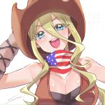  1girl :d american_flag_bandana arm_up arm_warmers bandana bandana_around_neck bare_shoulders blonde_hair blue_eyes breasts cleavage commentary cowboy_hat hair_between_eyes hand_on_headwear hat kimi_no_koto_ga_dai_dai_dai_dai_daisuki_na_100-nin_no_kanojo large_breasts long_hair long_hair_between_eyes looking_at_viewer open_mouth signature simple_background smile solo syuuka617 teeth upper_body upper_teeth_only watermark white_background yamato_nadeshiko_(hyakkano) 