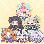  >_< 6+girls aemeath_(wuthering_waves) ahoge black_hair black_skirt bow braid camellya_(wuthering_waves) chibi chibi_only chisa_(wuthering_waves) closed_mouth commentary_request dress earrings green_eyes hair_bow hair_ornament halo highres jewelry long_hair lynae_(wuthering_waves) mornye_(wuthering_waves) multicolored_hair multiple_girls necktie one_eye_closed open_mouth orange_hair pink_hair pink_pupils purple_hair red_eyes red_necktie red_pupils red_ribbon ribbon short_hair sigrika_(wuthering_waves) skirt smile syurikenmaru twintails white_hair wuthering_waves yellow_background yellow_eyes 