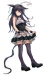 1girl ahoge animal_ears black_corset black_dress black_hair black_shoes black_thighhighs breasts commentary_request corset dress ear_tag earrings full_body hair_between_eyes horse_ears horse_girl horse_tail jewelry long_bangs long_hair long_hair_between_eyes maid maid_headdress manhattan_cafe_(umamusume) multicolored_hair shoes simple_background single_earring sleeveless sleeveless_dress small_breasts solo tail thighhighs umamusume white_background white_dress white_hair white_headdress yanagi_wakana yellow_eyes 
