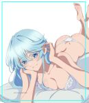  1girl absurdres arm_support barefoot blue_eyes blue_hair bra breasts cleavage closed_mouth elfaria_alvis_serfort hair_between_eyes hand_in_own_hair hand_on_own_cheek hand_on_own_face highres kevcrexx large_breasts legs_up long_hair looking_at_viewer lying on_stomach panties simple_background smile soles solo thick_eyelashes toes tsue_to_tsurugi_no_wistoria underwear underwear_only white_background white_bra white_panties 