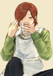 1boy adjusting_hair apron black_pants blush commentary_request cup disposable_cup drinking esse_series extra_eyes eyes_visible_through_hair green_eyes green_sweater highres mole mole_under_eye one_eye_closed oshi_no_taisetsuna_hito_ni_narikawaru pants ponytail red_hair solo sweater tonimura_yui totsuzen_e white_apron 