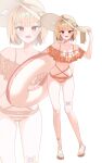 1girl absurdres bandaid bandaid_on_leg bare_shoulders bikini blonde_hair breasts byeoljan collarbone commentary frilled_bikini frills full_body hair_ornament hat highres holding holding_swim_ring innertube isegye_idol jingburger korean_commentary looking_at_viewer medium_breasts multi-strapped_bikini_top navel off-shoulder_bikini off_shoulder open_mouth orange_bikini red_eyes sandals short_hair simple_background smile solo standing stomach striped_bikini striped_clothes sun_hat swim_ring swimsuit toenails toes virtual_youtuber waktaverse white_background wing_hair_ornament zoom_layer 