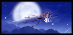  1girl above_clouds absurdres angelina_(arknights) angelina_the_mellow_wish_(arknights) animal_ears arknights black_hairband black_thighhighs brown_hair chinese_commentary chromatic_aberration closed_eyes cloud commentary_request dress fox_ears fox_girl full_moon hairband highres huge_moon kakasuru long_hair meteor_shower moon night signature solo staff_riding thighhighs very_long_hair white_dress 