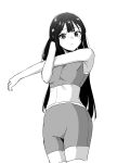  1girl absurdres bare_shoulders black_hair breasts commentary_request grey_eyes highres long_hair love_live! love_live!_nijigasaki_high_school_idol_club medium_breasts mimimi_tatsuan3 monochrome solo sports_bra stretching white_background yuki_setsuna 