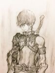  1boy armlet armor armpit_crease bandaged_arm bandages belt closed_mouth collared_shirt commentary_request graphite_(medium) hair_between_eyes highres jewelry jun_(navigavi) looking_down male_focus monochrome nose original paper_background photo_(medium) rain shirt short_hair shoulder_armor single_bare_shoulder sketch sleeveless sleeveless_shirt solo sword sword_on_back tight_clothes tight_shirt traditional_media upper_body vambraces weapon weapon_on_back wet wet_hair 