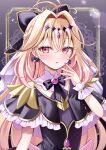  1girl antenna_hair black_bow black_capelet black_dress blonde_hair bow capelet comiket_108 commentary_request cure_arcana_shadow dress frilled_capelet frills gradient_hair hair_between_eyes hair_intakes hand_up heart highres looking_at_viewer meitantei_precure! moria_luluka multicolored_hair nail_polish pink_hair precure purple_eyes purple_nails sakura_hiyori solo upper_body 