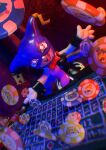  1girl appmon bow bowtie casino casino_card_table commentary cptcinnabun digimon english_commentary figure_(medium) gloves hat highres jester_cap looking_at_viewer mask mixed_media open_mouth photo_(medium) poker_chip sculpture smile solo table vegasmon white_gloves 