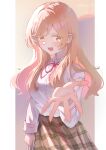  1girl absurdres arm_at_side blush breasts brown_eyes brown_hair collared_shirt commentary_request highres large_breasts long_hair long_sleeves mikang open_mouth outstretched_arm plaid_clothes plaid_skirt red_ribbon ribbon sena_ajisai shirt simple_background skirt smile solo watashi_ga_koibito_ni_nareru_wake_naijan_murimuri! white_shirt 