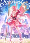  1girl :d ahoge album_cover album_name arm_up back_bow black_corset bow breasts castle center_frills closed_eyes commentary_request corset cover dirty dirty_face double_bun dress earrings flag flagpole frilled_dress frills full_body hair_bun hair_ornament hairclip highres holding holding_flag hololive jewelry layered_dress long_hair medium_breasts mochipuyo_(canvas_mochi) nobusawa_osamu official_art open_mouth outdoors petals pink_hair pink_shoes pointing pointing_up puffy_short_sleeves puffy_sleeves red_dress sakura_miko second-party_source shoes short_dress short_sleeves side_up_bun single_thighhigh smile solo standing swept_bangs tearing_up teeth thigh_strap thighhighs tiara twintails underbust upper_teeth_only variant_set very_long_hair virtual_youtuber white_thighhighs 