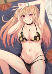  1girl arm_up armpits bikini black_bikini black_choker blonde_hair blush breasts choker collarbone commentary cowboy_shot ear_piercing earrings eyelashes floral_print floral_print_bikini hair_between_eyes highres itaba_atsushi jewelry kitagawa_marin large_breasts long_hair looking_at_viewer lying medium_breasts multicolored_hair navel on_back open_clothes open_shirt parted_lips pendant piercing pink_hair print_bikini red_eyes side-tie_bikini_bottom smile solo sono_bisque_doll_wa_koi_wo_suru swimsuit two-tone_hair v 