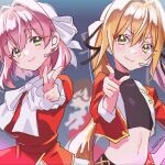  3girls black_ribbon blurry blurry_background bow bowtie breasts commentary cropped_jacket flat_chest green_eyes hair_between_eyes hair_ribbon hand_on_own_hip headset idol_clothes iin_chiyo inda_karane jacket kimi_no_koto_ga_dai_dai_dai_dai_daisuki_na_100-nin_no_kanojo large_breasts long_hair midriff multiple_girls navel orange_hair pink_hair pointing pointing_at_viewer red_jacket ribbon short_hair smile syuuka617 twintails upper_body white_bow white_bowtie white_ribbon yellow_eyes 