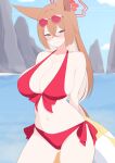  1girl absurdres animal_ears arms_behind_back bikini blue_archive blush breasts brown_hair cleavage closed_mouth colored_inner_hair commentary_request crossed_bangs eyewear_on_head fox_ears fox_girl grey_hair hair_between_eyes halo highres huge_breasts makkura! multicolored_hair partial_commentary red-tinted_eyewear red_bikini red_halo rumi_(blue_archive) rumi_(swimsuit)_(blue_archive) smile solo sunglasses swimsuit tinted_eyewear two-tone_hair 