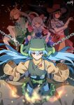  4girls absurdres apron blonde_hair blue_dress blue_hair brown_hat chain chinese_commentary closed_mouth commentary cowboy_hat dragon_horns dress green_apron green_headscarf grey_hair haniyasushin_keiki hat headscarf highres horns jewelry kicchou_yachie kurokoma_saki long_hair long_sleeves looking_at_viewer magatama magatama_necklace maisuiren multiple_girls necklace object_in_pocket pocket red_eyes short_hair signature tail touhou toutetsu_yuuma wily_beast_and_weakest_creature yellow_dress 