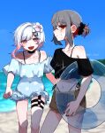  2girls :d arki_hrzoi bare_shoulders beach black_shirt blue_one-piece_swimsuit brown_shorts closed_mouth collarbone colored_inner_hair cowboy_shot crop_top crossed_bangs earrings fang flower g-string gradient_hair grey_hair hair_between_eyes hair_flower hair_ornament highres holding holding_swim_ring jewelry looking_at_viewer mahou_shoujo_no_majo_saiban midriff multicolored_hair multiple_girls nail_polish o-ring o-ring_thigh_strap ocean off-shoulder_one-piece_swimsuit off-shoulder_shirt off_shoulder one-piece_swimsuit open_mouth outdoors panty_straps pink_eyes pink_hair red_eyes red_hair red_nails sakuraba_ema shirt shito_alisa shore short_hair shorts single_bare_shoulder skin_fang sky smile stitched_face stitches stomach swim_ring swimsuit thigh_strap thong translation_request white_flower white_hair x_hair_ornament 