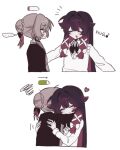  ... 2girls alternate_costume battery_indicator black_bow black_bowtie black_hair black_jacket blue_eyes blunt_bangs blush bow bowtie braid braided_bun brown_hair buttons cardigan closed_eyes closed_mouth collared_shirt colored_inner_hair columbina_(genshin_impact) commentary_request english_text feathered_wings from_behind from_side genshin_impact gradient_hair hair_bow hair_bun hair_ornament happy head_wings heart highres hug jacket long_hair looking_at_another multicolored_hair multiple_girls multiple_views multiple_wings musical_note notice_lines open_mouth outstretched_arms pink_hair sandrone_(genshin_impact) school_uniform shirt short_hair_with_long_locks sidelocks simple_background smile speech_bubble spoken_ellipsis spread_arms squiggle two-tone_hair very_long_hair wata7teddy white_background white_bow white_cardigan white_shirt wings x_hair_ornament yuri 