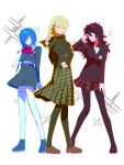  3girls amamiya_ren black_hair black_jacket black_pantyhose blue_eyes blue_hair blue_outline bow bowtie braid braided_ponytail commentary english_commentary expressionless full_body gekkoukan_high_school_uniform genderswap genderswap_(mtf) glasses grey_hair high-waist_skirt highres jacket long_hair looking_at_viewer miniskirt multiple_girls narukami_yu neckerchief outline pantyhose persona persona_3 persona_4 persona_5 plaid_clothes plaid_skirt red_bow red_bowtie red_outline renyarrh school_uniform short_hair shuujin_academy_school_uniform simple_background single_braid skirt smile sparkle thighhighs white_background white_thighhighs yasogami_school_uniform yellow_neckerchief yellow_outline yuuki_makoto_(persona_3) 