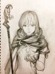  1girl bracelet breasts capelet commentary_request creature dress fantasy graphite_(medium) hair_between_eyes hand_up highres holding holding_staff hood hooded_capelet jewelry jun_(navigavi) lips looking_at_another medium_hair monochrome nose original paper_background parted_lips photo_(medium) puffy_short_sleeves puffy_sleeves short_sleeves sketch small_breasts solo staff traditional_media upper_body 