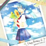  2013 aqua_hair blue_eyes character_name dated flower happy_birthday hatsune_miku long_hair mil2 photo_(object) school_uniform serafuku skirt solo spring_onion sunflower twintails vocaloid 