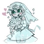  1boy bare_shoulders blush bouquet bridal_veil bride bulge degrees_of_lewdity dress elbow_gloves fish_skeleton_hair_ornament flower gloves green_eyes hair_between_eyes hair_ornament hairclip heart highres holding holding_bouquet jade_(suckillpak) male_bride male_focus open_mouth player_character_(degrees_of_lewdity) player_character_(male)_(degrees_of_lewdity) rose see-through_clothes see-through_skirt see-through_veil short_hair simple_background skirt smile solo suckillpak trap upper_body veil wedding wedding_dress white_dress white_flower white_gloves white_rose 