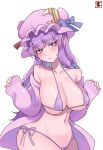  absurdres blue_bow blue_bowtie bow bow_panties bowtie bra breasts commentary_request crescent crescent_hair_ornament crescent_hat_ornament crescent_pin dress ellen_drawing facing_viewer hair_ornament hat hat_ornament highres large_breasts long_hair mob_cap navel panties patchouli_knowledge pink_hat purple_bra purple_eyes purple_hair purple_panties purple_sweater stomach striped_clothes striped_dress sweater touhou underwear 