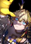  1girl 33_gaff arknights arm_up black_background blonde_hair blue_eyes blue_hair breasts collarbone commentary dragon_girl dragon_horns eastern_dragon_horns glowing glowing_eyes grey_hair hair_intakes horns jacket looking_up multicolored_hair parted_lips shu_(arknights) simple_background small_breasts solo strapless tube_top upper_body white_jacket white_tube_top 