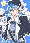  1girl :d bag bird_hat_ornament black_bag black_bow black_bowtie black_capelet black_hat blue_background blue_hair blue_necktie blue_skirt border bow bowtie braid braided_hair_rings capelet collared_shirt commentary_request deerstalker grey_vest hair_bow hair_rings hat hat_bow highres holding holding_magnifying_glass imozamu long_sleeves looking_at_viewer magnifying_glass mahou_shoujo_no_majo_saiban necktie open_mouth plaid_clothes plaid_skirt shirt short_hair simple_background skirt smile solo spoken_sparkle tachibana_sherry upper_body vest white_border white_shirt yellow_eyes 