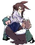  1girl 2others alternate_costume amiya_(arknights) animal_ears arknights blush brown_hair brown_pantyhose child closed_eyes green_hair hair_over_eyes headpat highres kneeling long_hair long_sleeves looking_at_another multiple_others open_mouth pantyhose ponytail purple_shirt rabbit_ears rabbit_girl shirt simple_background skirt skirt_tug smile sukima_(crie) white_background 