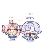  2girls aemeath_(wuthering_waves) aemeath_(young)_(wuthering_waves) ahoge black_skirt blue_shirt blue_skirt blush blush_stickers chibi chibi_only closed_eyes commentary_request hair_ornament halo highres kindergarten_uniform long_hair mornye_(wuthering_waves) multiple_girls nervous nervous_sweating open_mouth pink_hair purple_hair ribbon shirt simple_background skirt smile sweat syurikenmaru two_side_up white_background wuthering_waves yellow_eyes 